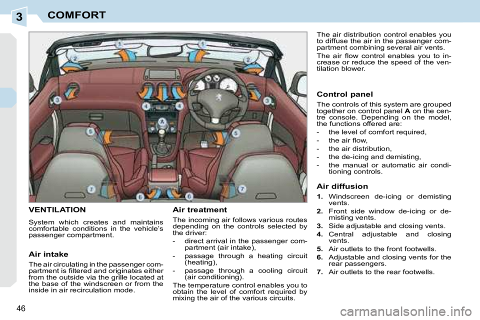 PEUGEOT 308 CC 2008  Owners Manual 3
46
COMFORT
       VENTILATION 
 System  which  creates  and  maintains  
comfortable  conditions  in  the  vehicle’s 
passenger compartment.   Air treatment  
 The incoming air follows various rou