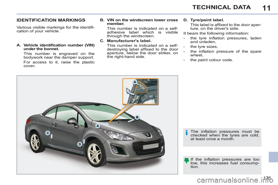 PEUGEOT 308 CC 2013 Owners Manual 11
i
175
TECHNICAL DATA
IDENTIFICATION MARKINGS
Various visible markings for the identifi -
cation of your vehicle. If the infl ation pressures are too
low, this increases fuel consump-
ti PEUGEOT 308 CC 2013 Owners Manual 11
i
175
TECHNICAL DATA
IDENTIFICATION MARKINGS
Various visible markings for the identifi -
cation of your vehicle. If the infl ation pressures are too
low, this increases fuel consump-
ti