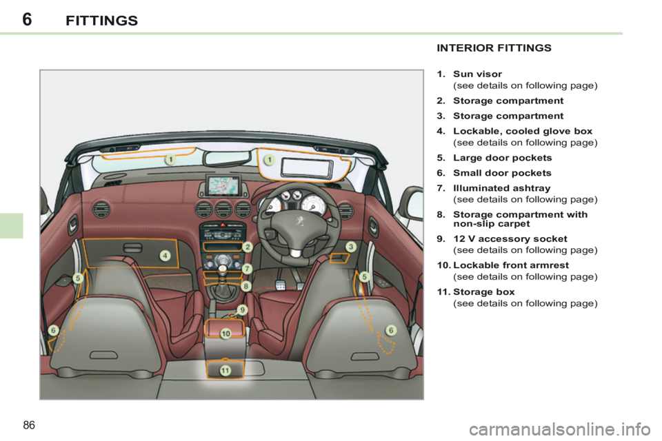 PEUGEOT 308 CC 2013  Owners Manual 6
86
FITTINGS
INTERIOR FITTINGS 
   1.    Sun visor     
  (see details on following page) 
  2.    Storage compartment  
  3.    Storage compartment  
  4.    Lockable, cooled glove box     
  (see d