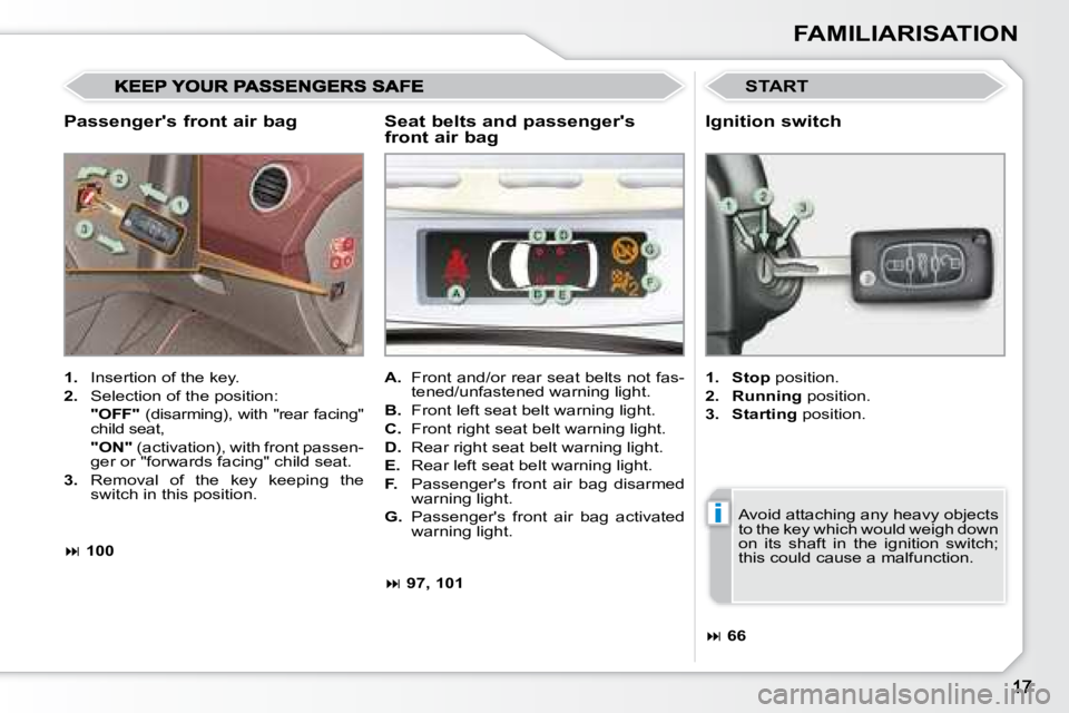 PEUGEOT 308 CC DAG 2008  Owners Manual i
FAMILIARISATION
  Passenger's front air bag 
 START 
   
1.    Insertion of the key. 
  
2.    Selection of the position:  
    "OFF"    (disarming),  with  "rear  facing" 
child seat,  