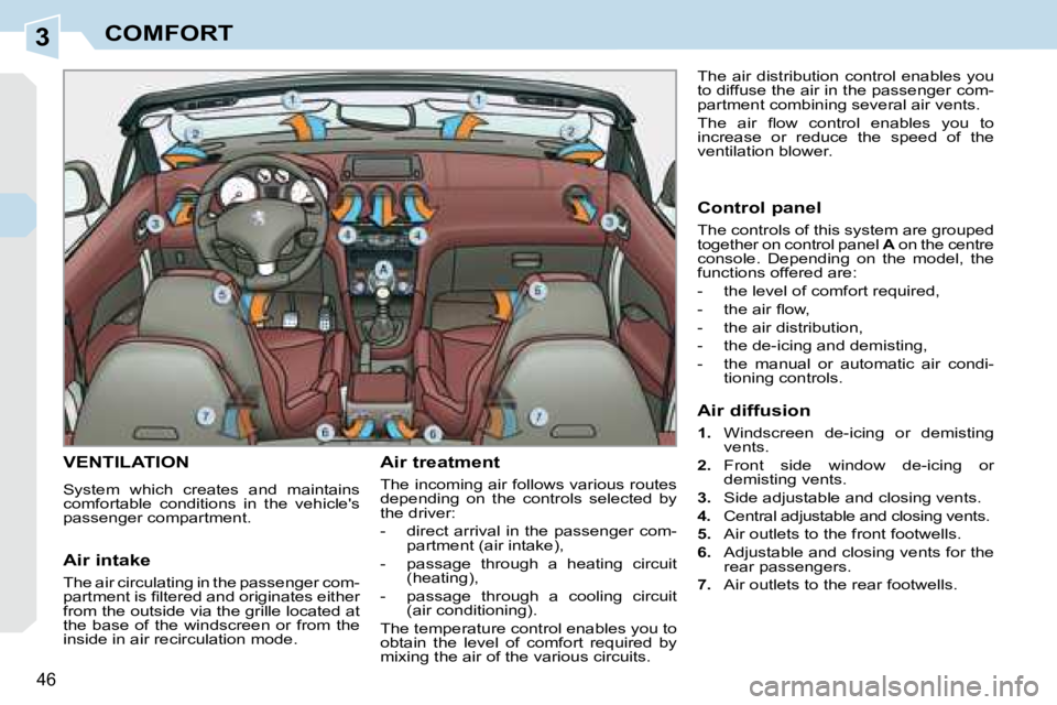 PEUGEOT 308 CC DAG 2008  Owners Manual 3
46
COMFORT
       VENTILATION 
 System  which  creates  and  maintains  
comfortable  conditions  in  the  vehicles 
passenger compartment.   Air treatment  
 The incoming air follows various route