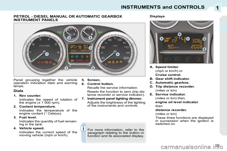 PEUGEOT 308 CC DAG 2010  Owners Manual 1
i
19
INSTRUMENTS and CONTROLS
PETROL - DIESEL MANUAL OR AUTOMATIC GEARBOX INSTRUMENT PANELS 
 Panel  grouping  together  the  vehicle  
operation  indication  dials  and  warning 
lamps.   
5.     S
