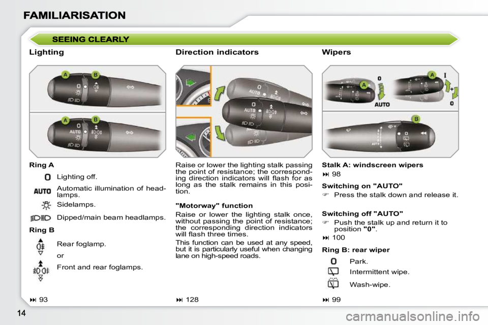 PEUGEOT 308 SW BL 2009  Owners Manual   Lighting  
  Ring A  
  Ring B  Raise or lower the lighting stalk passing  
the point of resistance; the correspond-
�i�n�g�  �d�i�r�e�c�t�i�o�n�  �i�n�d�i�c�a�t�o�r�s�  �w�i�l�l�  �ﬂ� �a�s�h�  �f