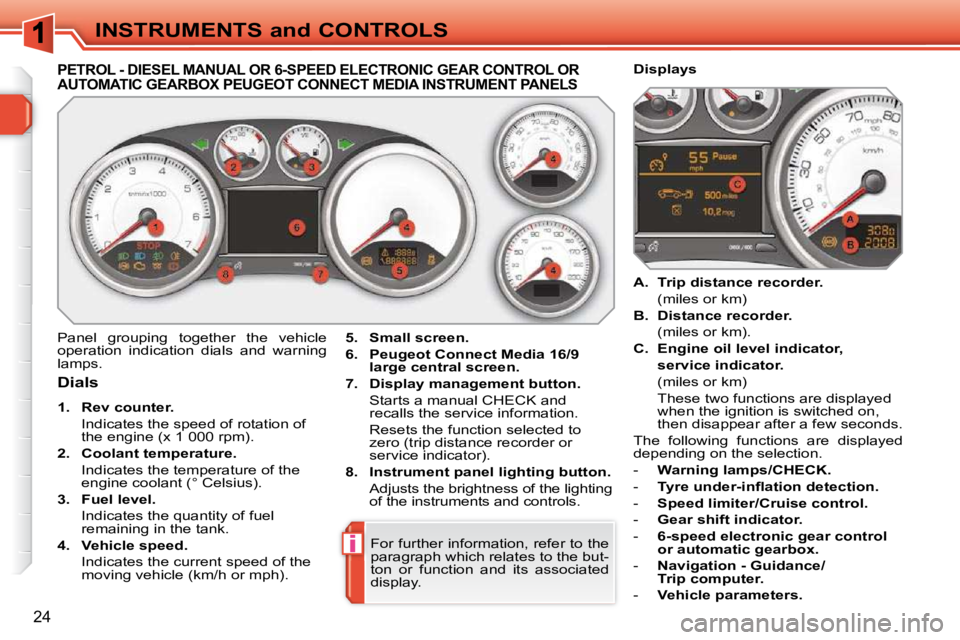 PEUGEOT 308 SW BL 2009 Owners Manual i
24
INSTRUMENTS and CONTROLS
PETROL - DIESEL MANUAL OR 6-SPEED ELECTRONIC GEAR CONTROL OR AUTOMATIC GEARBOX PEUGEOT CONNECT MEDIA INSTRUMENT PANELS
Dials
1. Rev counter. PEUGEOT 308 SW BL 2009 Owners Manual i
24
INSTRUMENTS and CONTROLS
PETROL - DIESEL MANUAL OR 6-SPEED ELECTRONIC GEAR CONTROL OR AUTOMATIC GEARBOX PEUGEOT CONNECT MEDIA INSTRUMENT PANELS
Dials
1. Rev counter.
