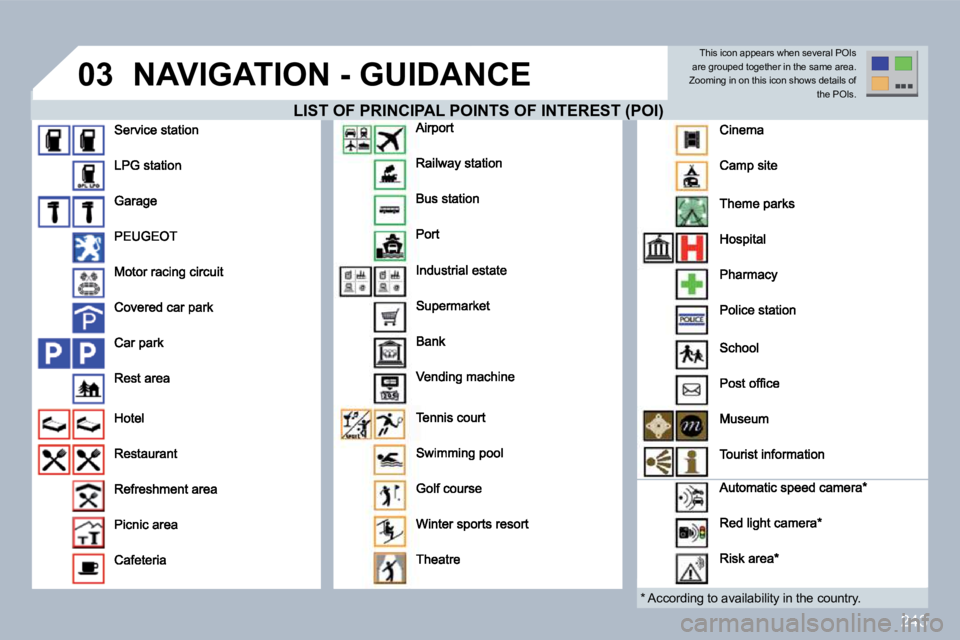 PEUGEOT 308 SW BL 2009  Owners Manual 243
�0�3� �N�A�V�I�G�A�T�I�O�N� �-� �G�U�I�D�A�N�C�E� 
  LIST OF PRINCIPAL POINTS OF INTEREST (POI)  POINTS OF INTEREST (POI) 
  *   According to availability in the country.  
 This icon appears when