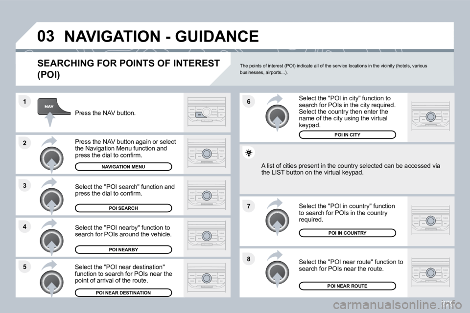 PEUGEOT 308 SW BL 2009  Owners Manual 279
�8
�6 
�7
�4
�3
�5
�2
�1
�0�3� �N�A�V�I�G�A�T�I�O�N� �-� �G�U�I�D�A�N�C�E� 
� � �S�E�A�R�C�H�I�N�G� �F�O�R� �P�O�I�N�T�S� �O�F� �I�N�T�E�R�E�S�T� 
�(�P�O�I�)� 
  Press the NAV button.  
  Press th