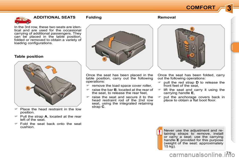 PEUGEOT 308 SW BL 2009  Owners Manual !
71
COMFORT
ADDITIONAL SEATS 
  Table position  
   
�    Place  the  head  restraint  in  the  low 
position. 
  
�    Pull  the  strap    A ,  located  at  the  rear 
left of the seat. 
  
�