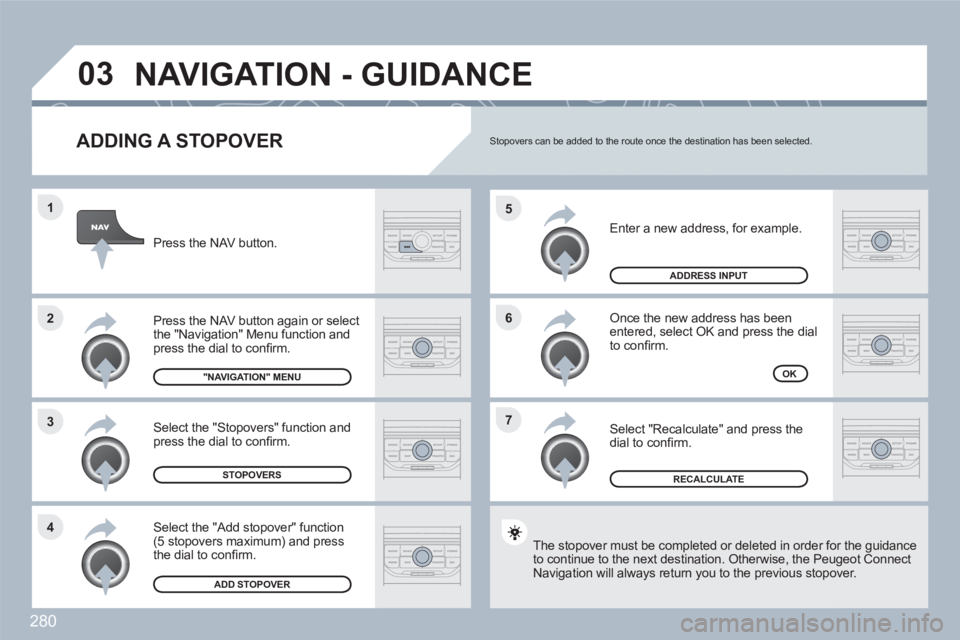 PEUGEOT 308 SW BL 2010  Owners Manual 280
7 6 5
4 3 2 1
03
   
ADDING A STOPOVER 
 
Enter a new address, for example.
 Once the new address has been entered, select OK and press the dial to conﬁ rm.
 
Select "Recalculate" and press the 
