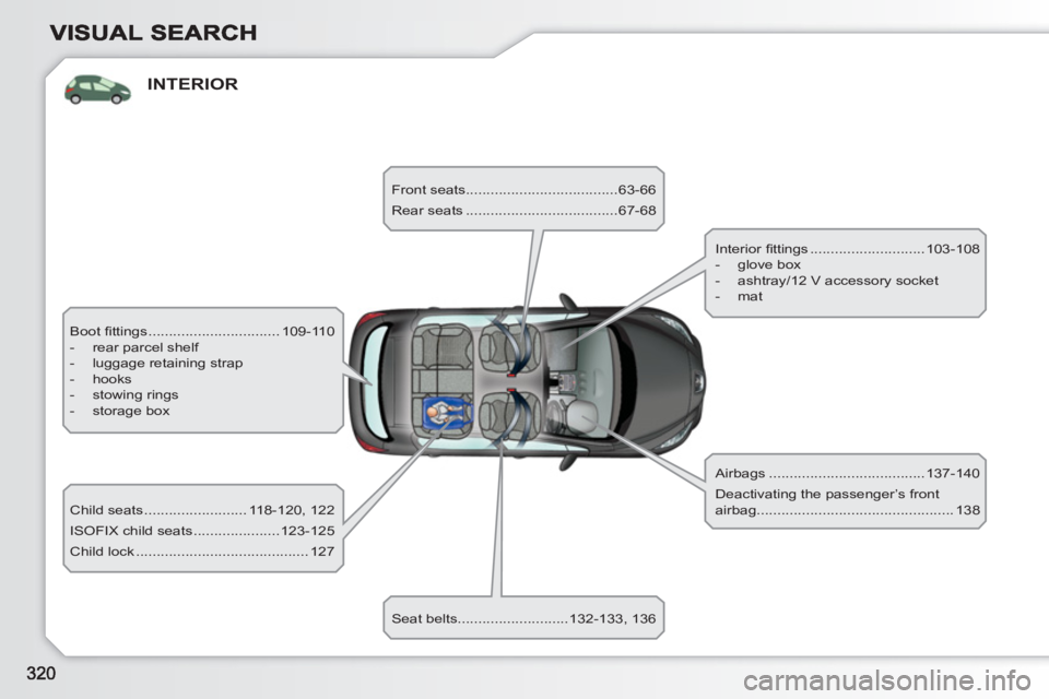 PEUGEOT 308 SW BL 2010  Owners Manual INTERIOR
  Boot ﬁ ttings ................................ 109-110 
   
 
-   rear parcel shelf 
   
-   luggage retaining strap 
   
-  hooks 
   
-  stowing rings 
   
-  storage box  
  Child seat
