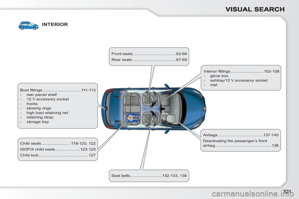 PEUGEOT 308 SW BL 2010  Owners Manual INTERIOR
  Boot ﬁ ttings .................................111-113 
   
 
-   rear parcel shelf 
   
-   12 V accessory socket 
   
-  hooks 
   
-  stowing rings 
   
-   high load retaining net 
  