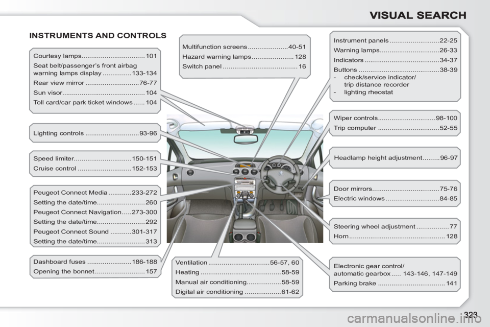PEUGEOT 308 SW BL 2010  Owners Manual   INSTRUMENTS AND CONTROLS 
 
Courtesy lamps................................. 101 
  Seat belt/passenger’s front airbag 
warning lamps display ...............133-134 
  Rear view mirror ............
