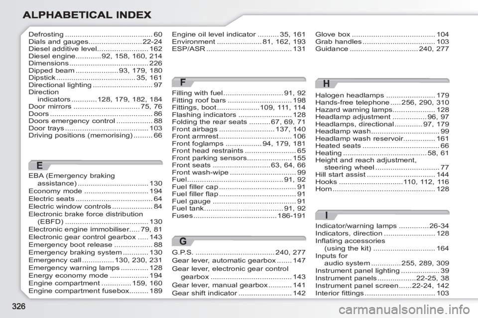 PEUGEOT 308 SW BL 2010  Owners Manual Halogen headlamps.......................179Hands-free telephone.....256,290,310Hazard warning lamps....................128Headlamp adjustment................96,97Headlamps, directional.............97,