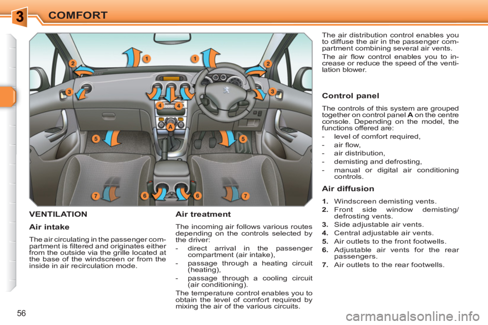 PEUGEOT 308 SW BL 2010 Owners Manual 56
COMFORT
VENTILATION
Air treatment
The incoming air follows various routes
depending on the controls selected by
the driver:
- direct arrival in the passenger
compartment (air inta PEUGEOT 308 SW BL 2010 Owners Manual 56
COMFORT
VENTILATION
Air treatment
The incoming air follows various routes
depending on the controls selected by
the driver:
- direct arrival in the passenger
compartment (air inta