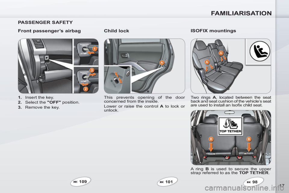 PEUGEOT 4007 2011  Owners Manual FAMILIARISATION
17
   
PASSENGER SAFETY  
   
Front passenger’s airbag    
Child lock 
 
 
 
1. 
  Insert the key. 
   
2. 
  Select the  "OFF" 
 position. 
   
3. 
  Remove the key.    This prevent