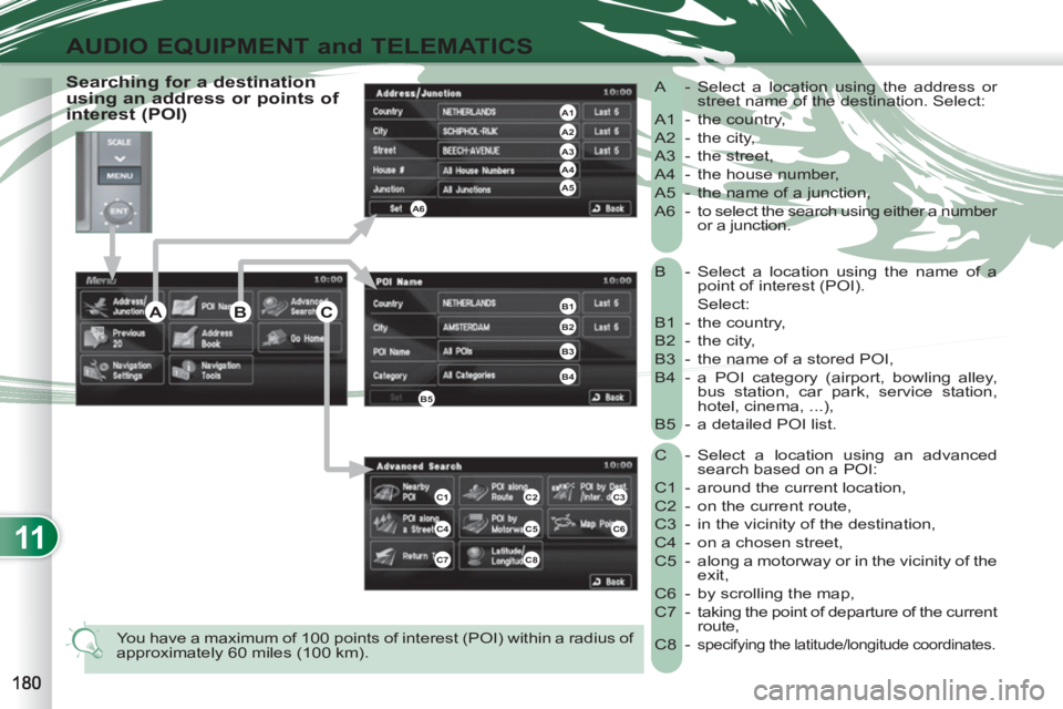 PEUGEOT 4007 2011 Owners Manual 11
AUDIO EQUIPMENT and TELEMATICS
B -
Select a location using the name of a
point of interest (POI).
Select:
B1 - the country,
B2 - the city,
B3 - the name of a stored POI,
PEUGEOT 4007 2011 Owners Manual 11
AUDIO EQUIPMENT and TELEMATICS
B -
Select a location using the name of a
point of interest (POI).
Select:
B1 - the country,
B2 - the city,
B3 - the name of a stored POI,