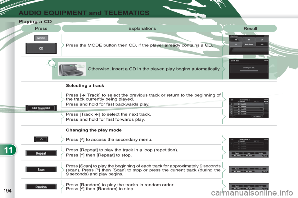 PEUGEOT 4007 2011  Owners Manual 11
AUDIO EQUIPMENT and TELEMATICS
   
 
 
 
 
 
 
 
 
 
 
 
 
 
 
 
 
 
Playing a CD 
 
Press the MODE button then CD, if the player already contains a CD.    Press  Explanations 
  Result 
  Otherwis