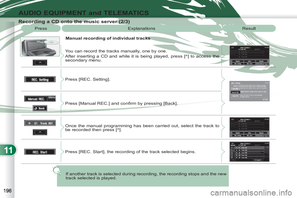 PEUGEOT 4007 2011  Owners Manual 11
AUDIO EQUIPMENT and TELEMATICS
   
Recording a CD onto the music server (2/3) 
 
Press  Explanations  Result 
   
Manual recording of individual tracks 
  You can record the tracks manually, one by