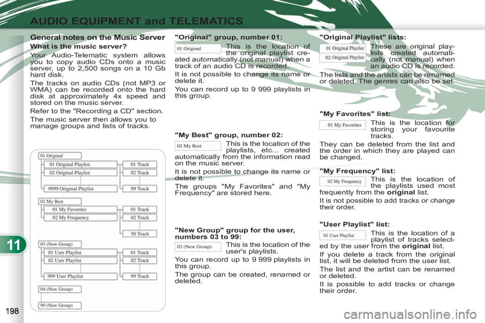 PEUGEOT 4007 2011 Owners Manual 11
AUDIO EQUIPMENT and TELEMATICS
General notes on the Music Server
What is the music server?
Your Audio-Telematic system allows
you to copy audio CDs onto a music
server, up to 2,500 son PEUGEOT 4007 2011 Owners Manual 11
AUDIO EQUIPMENT and TELEMATICS
General notes on the Music Server
What is the music server?
Your Audio-Telematic system allows
you to copy audio CDs onto a music
server, up to 2,500 son