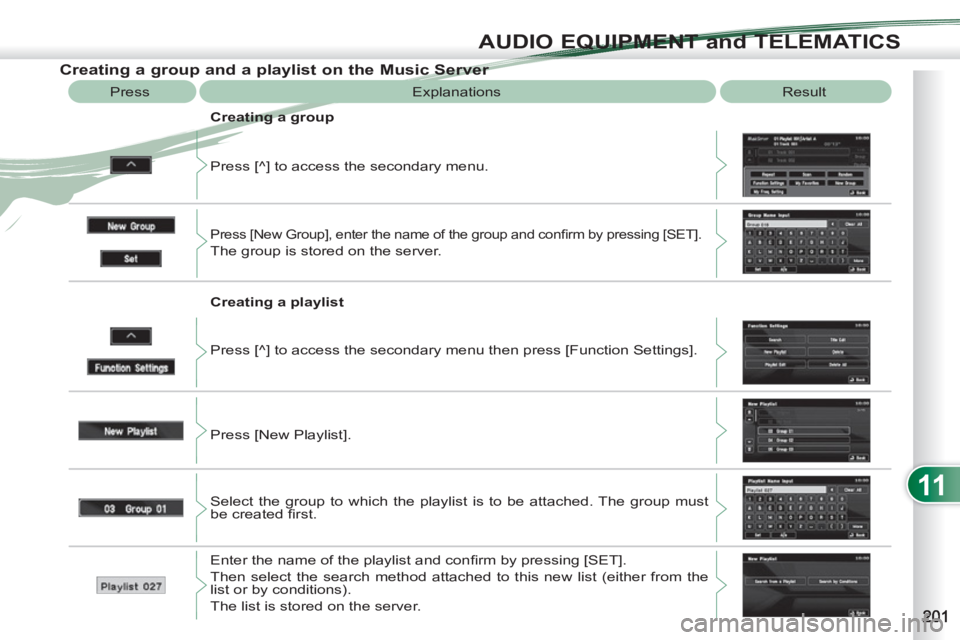 PEUGEOT 4007 2011  Owners Manual 11
AUDIO EQUIPMENT and TELEMATICS
   
 
 
 
 
 
 
 
 
 
 
 
 
Creating a group and a playlist on the Music Server 
 
Explanations  Result 
  Press [^] to access the secondary menu.     
Creating a gro