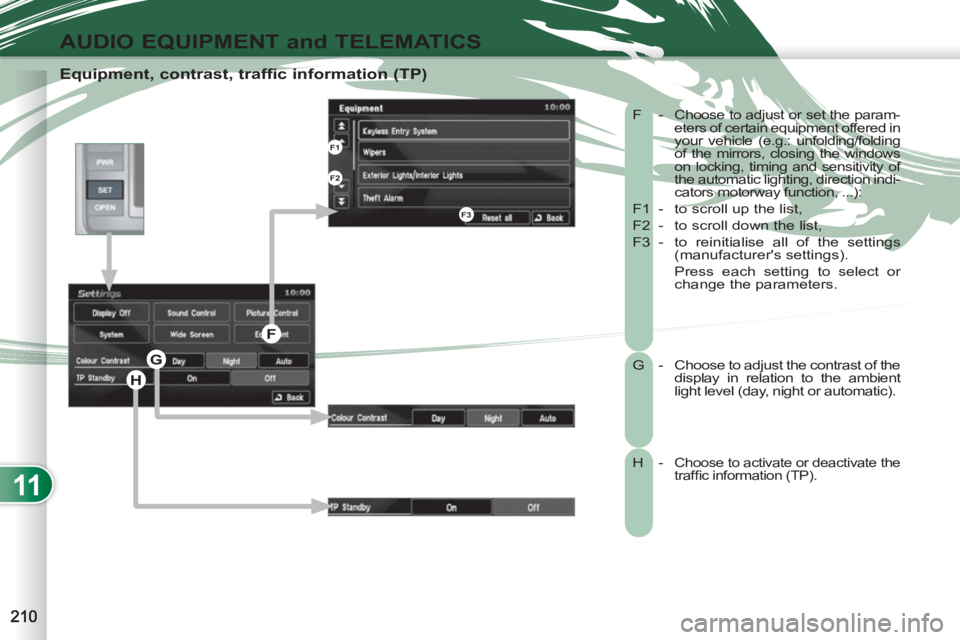 PEUGEOT 4007 2011  Owners Manual 11
AUDIO EQUIPMENT and TELEMATICS
   
Equipment, contrast, traffic information (TP) 
 
F - Choose to adjust or set the param-
eters of certain equipment offered in 
your vehicle (e.g.: unfolding/foldi