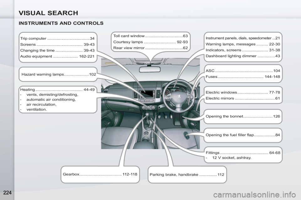 PEUGEOT 4007 2011  Owners Manual VISUAL SEARCH
   
INSTRUMENTS AND CONTROLS 
 
Trip computer ....................................34 
  Screens ....................................... 39-43 
  Changing the time .......................