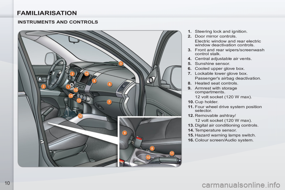 PEUGEOT 4007 2012  Owners Manual FAMILIARISATION
10
   
INSTRUMENTS AND CONTROLS 
 
 
 
1. 
  Steering lock and ignition. 
   
2. 
  Door mirror controls.  
  Electric window and rear electric 
window deactivation controls. 
   
3. 
