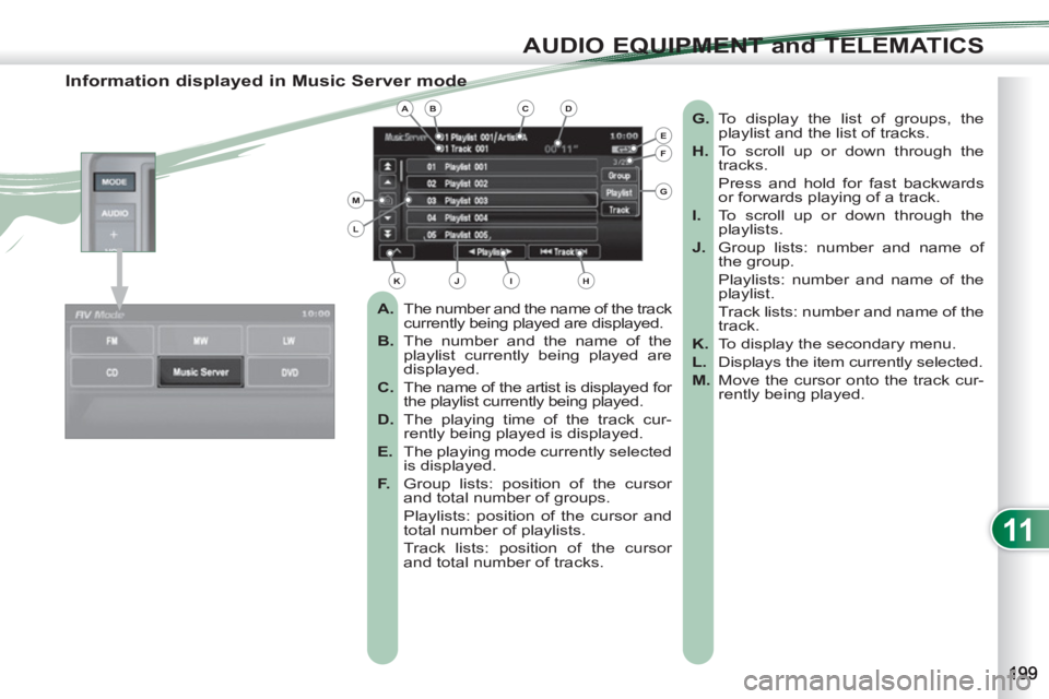 PEUGEOT 4007 2012 Owners Manual 11
AUDIO EQUIPMENT and TELEMATICS
Information displayed in Music Server mode
A.
The number and the name of the track
currently being played are displayed.
B.
The number and the PEUGEOT 4007 2012 Owners Manual 11
AUDIO EQUIPMENT and TELEMATICS
Information displayed in Music Server mode
A.
The number and the name of the track
currently being played are displayed.
B.
The number and the