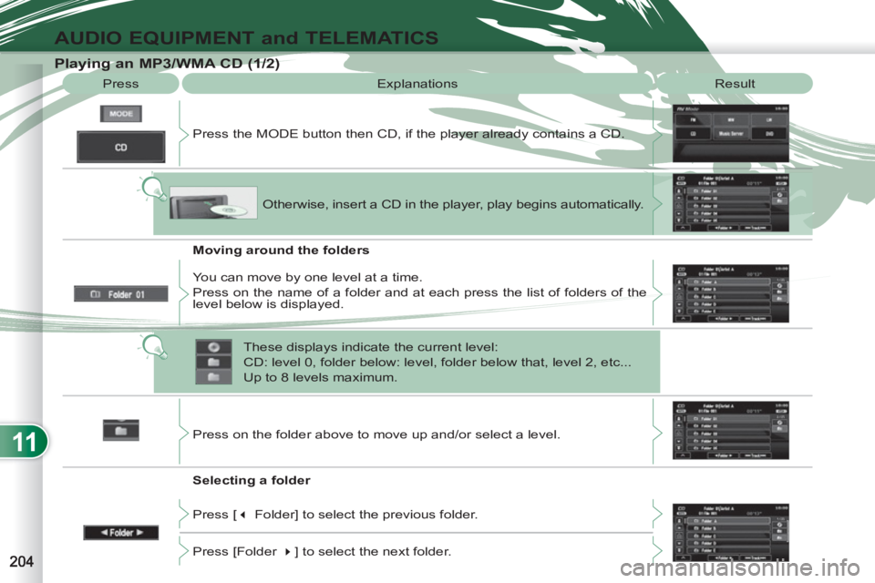 PEUGEOT 4007 2012  Owners Manual 11
AUDIO EQUIPMENT and TELEMATICS
   
Playing an MP3/WMA CD (1/2) 
 
Press  Explanations  Result 
  Press the MODE button then CD, if the player already contains a CD. 
   
Moving around the folders 
