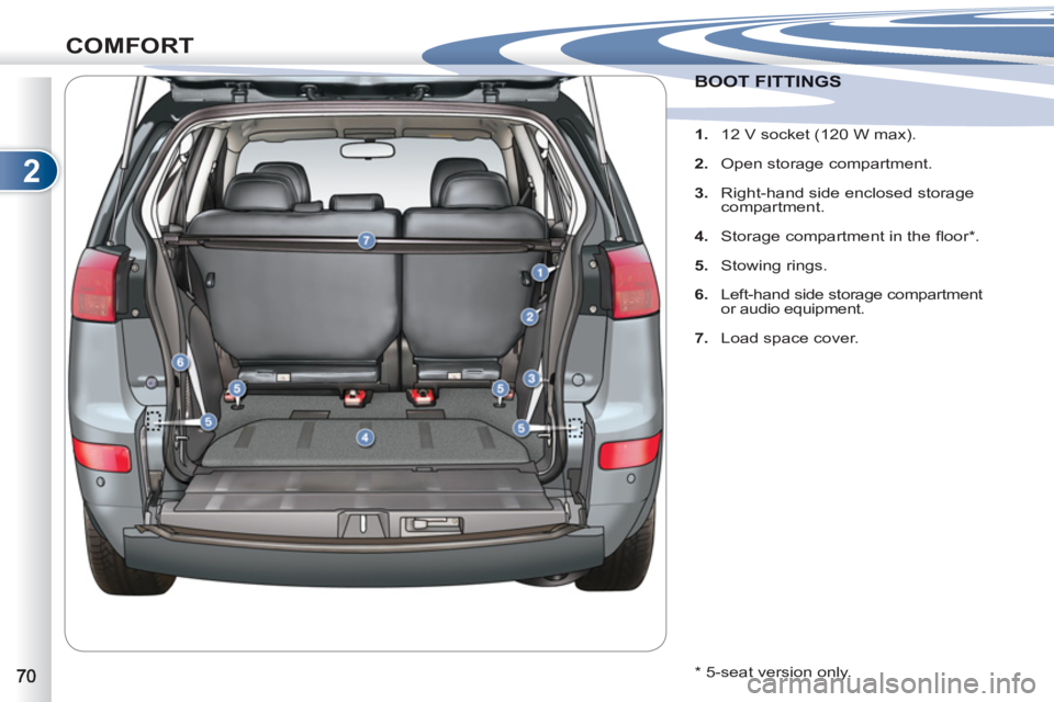 PEUGEOT 4007 2012  Owners Manual 2
COMFORT
BOOTBOOT FITTINGS 
   
 
 
1. 
  12 V socket (120 W max). 
   
2. 
  Open storage compartment. 
   
3. 
  Right-hand side enclosed storage 
compartment. 
   
4. 
  Storage compartment in the