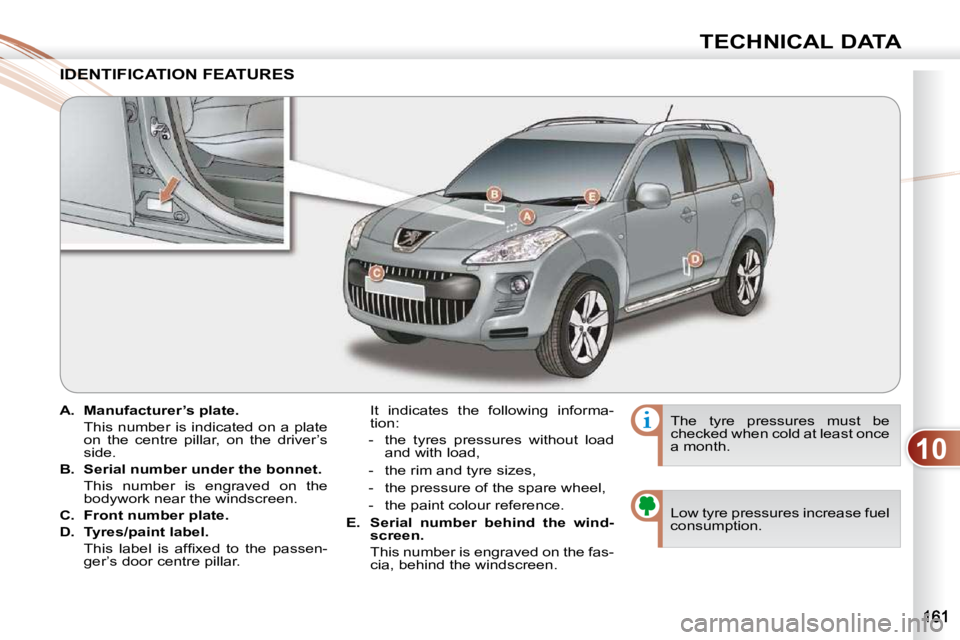 PEUGEOT 4007 2009  Owners Manual 10
TECHNICAL DATA
    
A.     Manufacturer’s plate.     
  This number is indicated on a plate  on  the  centre  pillar,  on  the  driver’s  
side. 
  
B.     Serial number under the bonnet.     
