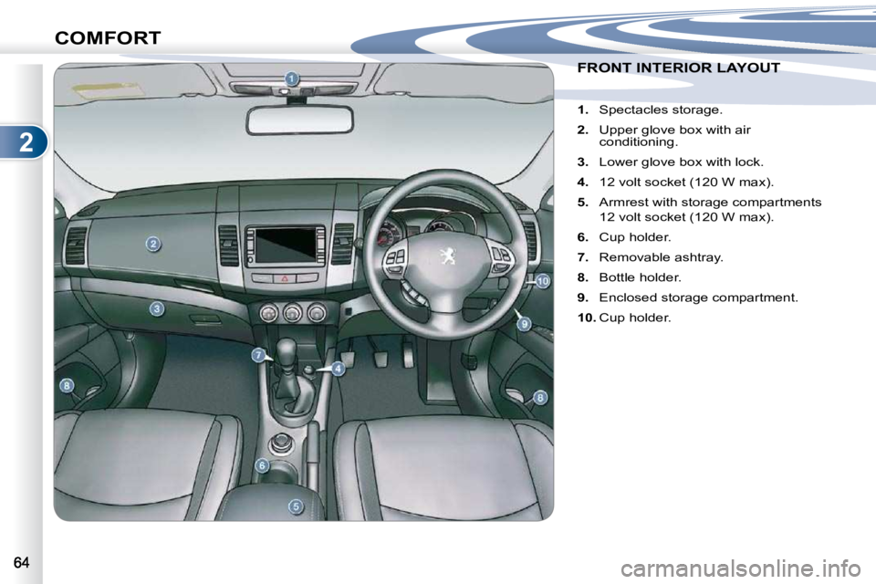 PEUGEOT 4007 2009  Owners Manual 2
COMFORT
FRONT INTERIOR LAYOUT FRONT INTERIOR LAYOUT 
    
1. � �  �S�p�e�c�t�a�c�l�e�s� �s�t�o�r�a�g�e�.� 
  
2. � �  �U�p�p�e�r� �g�l�o�v�e� �b�o�x� �w�i�t�h� �a�i�r� 
�c�o�n�d�i�t�i�o�n�i�n�g�.� 
