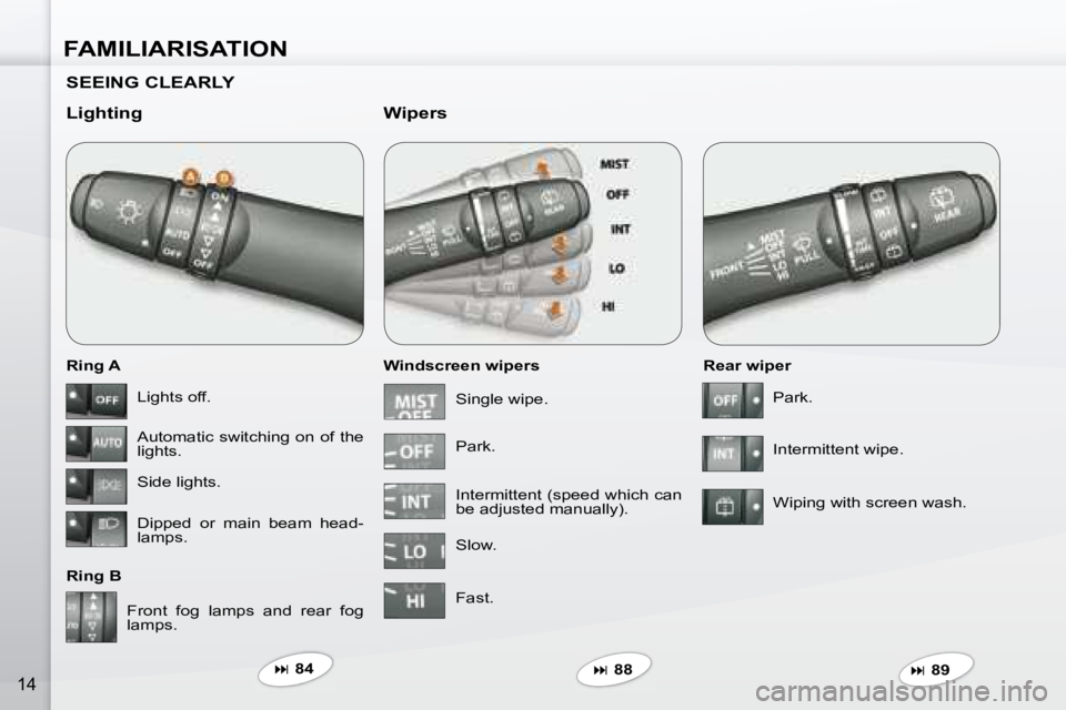PEUGEOT 4007 2007  Owners Manual FAMILIARISATION
14
  SEEING CLEARLY   
  Lighting  
  Ring A  
  Ring B   Windscreen wipers 
  Wipers 
  Rear wiper 
� �F�r�o�n�t�  �f�o�g�  �l�a�m�p�s�  �a�n�d�  �r�e�a�r�  �f�o�g�  
�l�a�m�p�s�.� � 