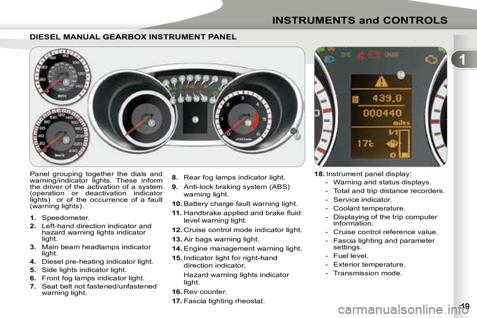PEUGEOT 4007 2007  Owners Manual 1
INSTRUMENTS and CONTROLS
     
1.    Speedometer. 
  
2.    Left-hand direction indicator and 
hazard warning lights indicator  
light. 
  
3.    Main beam headlamps indicator 
light. 
  
4.    Dies