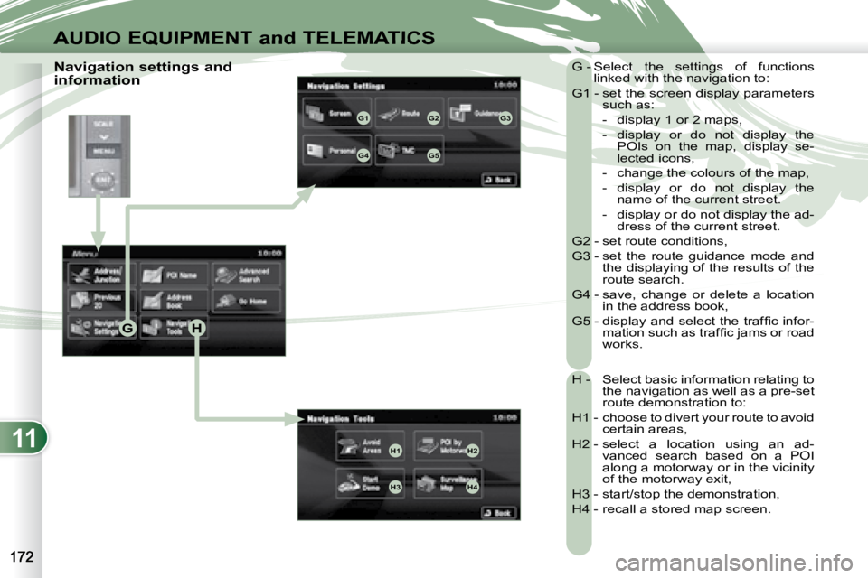 PEUGEOT 4007 2007 Owners Manual 11
GH
G1G2G3
G4G5
H1H2
H3H4
AUDIO EQUIPMENT and TELEMATICS
Navigation settings and
information G - Select the settings of functions
linked with the navigation to:
G1 - set the screen disp PEUGEOT 4007 2007 Owners Manual 11
GH
G1G2G3
G4G5
H1H2
H3H4
AUDIO EQUIPMENT and TELEMATICS
Navigation settings and
information G - Select the settings of functions
linked with the navigation to:
G1 - set the screen disp