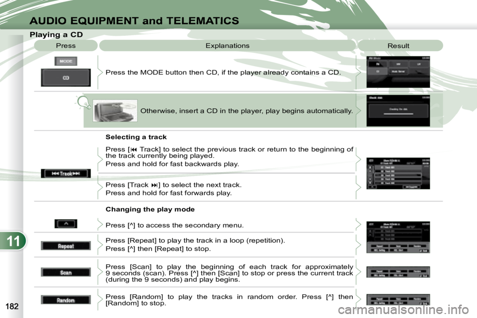PEUGEOT 4007 2007  Owners Manual 11
AUDIO EQUIPMENT and TELEMATICS
                    Playing a CD  Press the MODE button then CD, if the player already contains  a CD. 
 Press 
 Explanations 
 Result 
 Otherwise, insert a CD in the