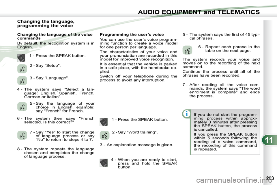 PEUGEOT 4007 2007 Owners Manual 11
i
AUDIO EQUIPMENT and TELEMATICSEQUIPMENT and TELEMA
Changing the language,
programming the voice
Changing the language of the voice
commands
By default, the recogn PEUGEOT 4007 2007 Owners Manual 11
i
AUDIO EQUIPMENT and TELEMATICSEQUIPMENT and TELEMA
Changing the language,
programming the voice
Changing the language of the voice
commands
By default, the recogn