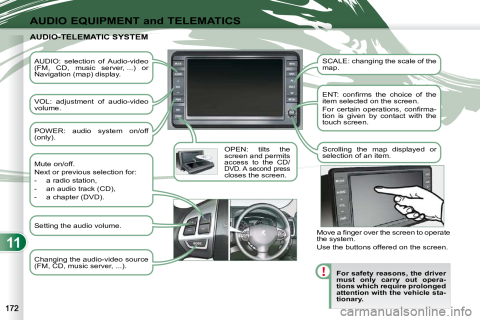 PEUGEOT 4007 2010 Owners Manual 11
AUDIO EQUIPMENT and TELEMATICS
AUDIO: selection of Audio-video
(FM, CD, music server, ...) or
Navigation (map) display.
VOL: adjustment of audio-video
volume. OPEN: tilts PEUGEOT 4007 2010 Owners Manual 11
AUDIO EQUIPMENT and TELEMATICS
AUDIO: selection of Audio-video
(FM, CD, music server, ...) or
Navigation (map) display.
VOL: adjustment of audio-video
volume. OPEN: tilts