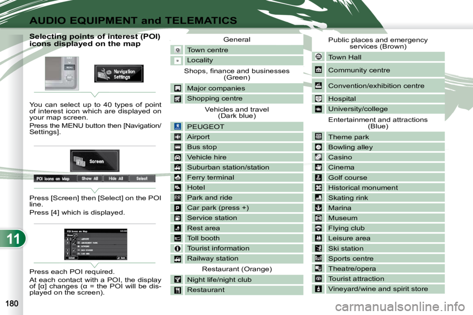 PEUGEOT 4007 2010  Owners Manual 11
AUDIO EQUIPMENT and TELEMATICS
                         Selecting points of interest (POI) 
icons displayed on the map  
 You  can  select  up  to  40  types  of  point  
of  interest  icon  which 