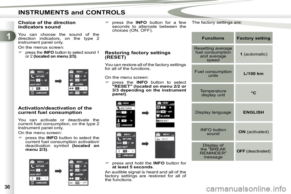 PEUGEOT 4007 2010  Owners Manual 1
INSTRUMENTS and CONTROLS
� � �C�h�o�i�c�e� �o�f� �t�h�e� �d�i�r�e�c�t�i�o�n�  
indicators sound  
 You  can  choose  the  sound  of  the  
�d�i�r�e�c�t�i�o�n�  �i�n�d�i�c�a�t�o�r�s�,�  �o�n�  �t�h�e