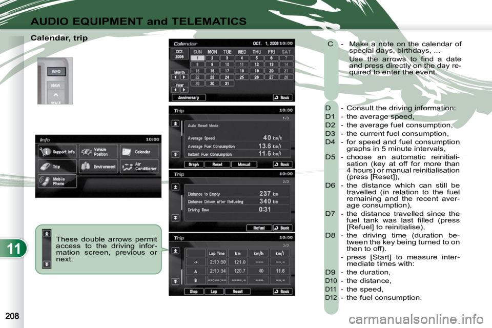 PEUGEOT 4007 2010 Owners Manual 11
AUDIO EQUIPMENT and TELEMATICS
Calendar, trip These double arrows permit
access to the driving infor-
mation screen, previous or
next. D - Consult the driving information:
D PEUGEOT 4007 2010 Owners Manual 11
AUDIO EQUIPMENT and TELEMATICS
Calendar, trip These double arrows permit
access to the driving infor-
mation screen, previous or
next. D - Consult the driving information:
D