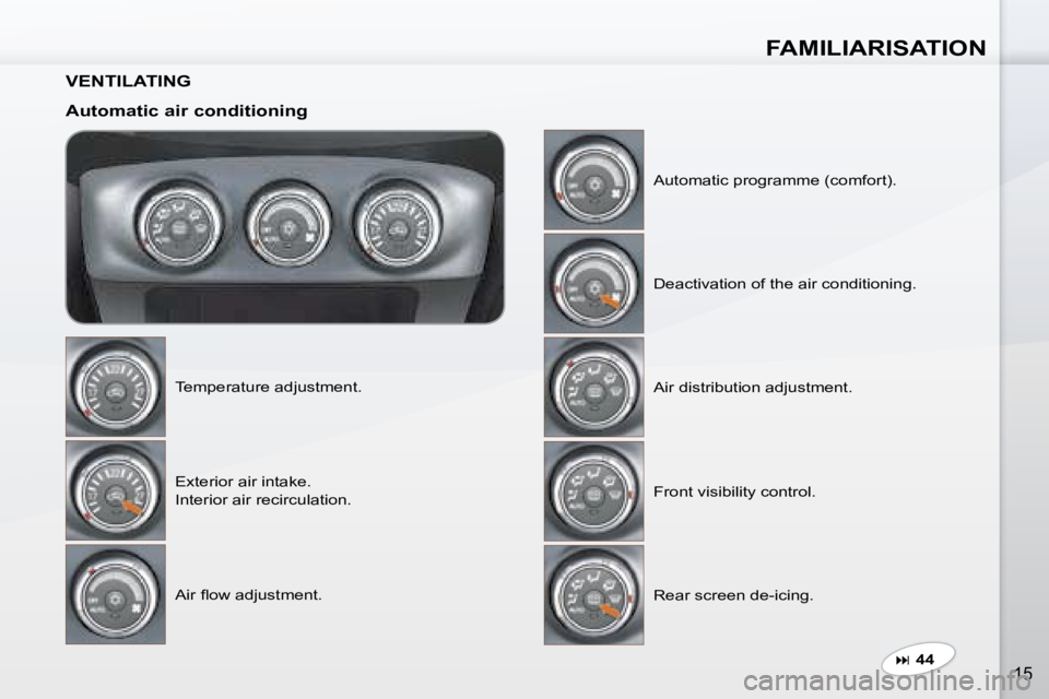 PEUGEOT 4007 2008  Owners Manual FAMILIARISATION
15
  VENTILATING   
  Automatic air conditioning  Temperature adjustment.  Exterior air intake.   
Interior air recirculation.  
� �A�i�r� �ﬂ� �o�w� �a�d�j�u�s�t�m�e�n�t�.�   Automat
