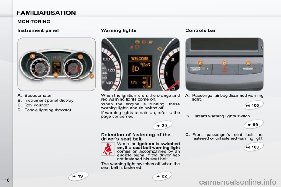 PEUGEOT 4007 2008  Owners Manual FAMILIARISATION
16
  MONITORING   
  Instrument panel   Controls bar 
   
A.    Speedometer. 
  
B.    Instrument panel display. 
  
C.    Rev counter. 
  
D.    Fascia lighting rheostat.   � �W�h�e�n