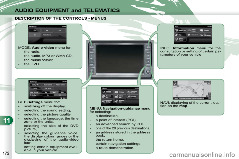 PEUGEOT 4007 2008  Owners Manual 11
AUDIO EQUIPMENT and TELEMATICS
               DESCRIPTION OF THE CONTROLS - MENUS                DESCRIPTION OF THE CONTROLS - MENUS 
  MODE:  Audio-video   menu for: 
   -   the radio,  
  -   the