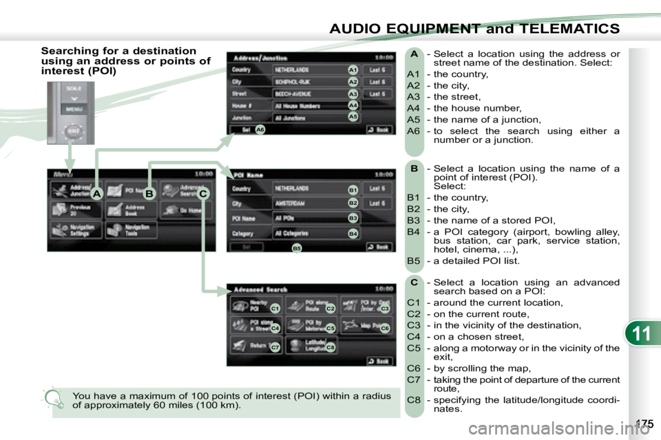 PEUGEOT 4007 2008  Owners Manual 11
ABC
A4
A3
A2
A1
A6
A5
B1
B2
B3
B4
B5
C1C2C3
C4C5C6
C7C8
AUDIO EQUIPMENT and TELEMATICS
  
B    -  Select  a  location  using  the  name  of  a 
point of interest (POI).  
  Select:  
 B1  - the cou