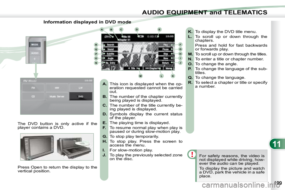 PEUGEOT 4007 2008  Owners Manual 11
ABCDE
FGHIJ
KLM
RQPON
AUDIO EQUIPMENT and TELEMATICS
              Information displayed in DVD mode 
 The  DVD  button  is  only  active  if  the  
player contains a DVD.   Press Open to return th