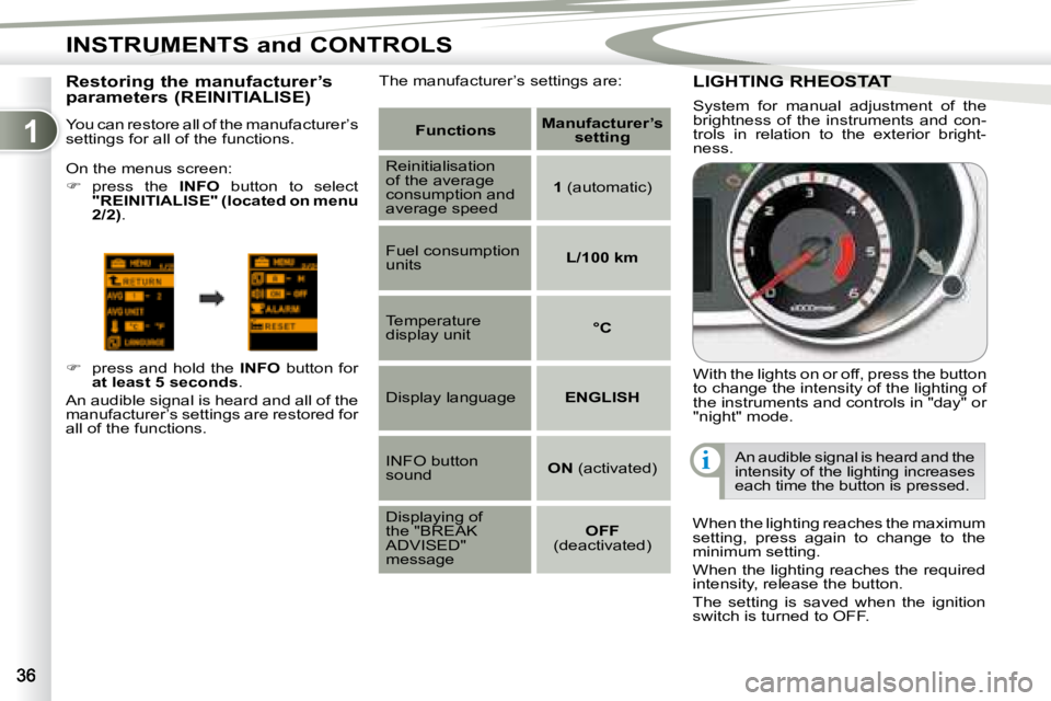 PEUGEOT 4007 2008  Owners Manual 1
i
INSTRUMENTS and CONTROLS
� � �R�e�s�t�o�r�i�n�g� �t�h�e� �m�a�n�u�f�a�c�t�u�r�e�r�’�s�  
�p�a�r�a�m�e�t�e�r�s� �(�R�E�I�N�I�T�I�A�L�I�S�E�)�  
 You can restore all of the manufacturer’s  
sett