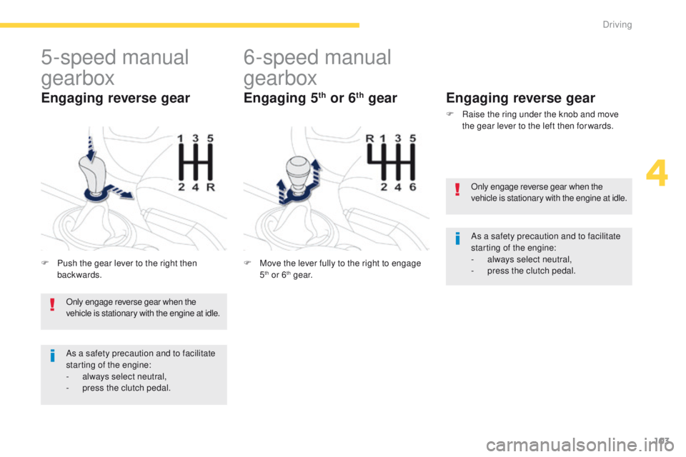 PEUGEOT 4008 2015  Owners Manual 103
4008_en_Chap04_conduite_ed01-2014
5-speed manual 
gearbox
F Push the gear lever to the right then backwards.
Engaging reverse gear
6-speed manual 
gearbox
F Move the lever fully to the right to en