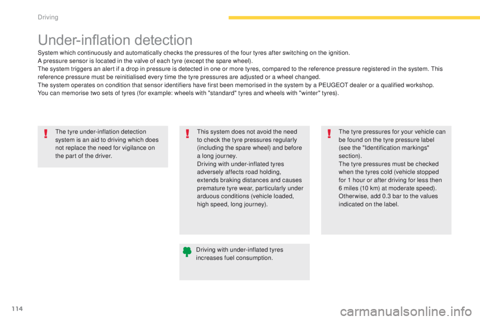 PEUGEOT 4008 2015  Owners Manual 114
4008_en_Chap04_conduite_ed01-2014
the tyre under-inflation detection 
system is an aid to driving which does 
not replace the need for vigilance on 
the part of the driver.
Under-inflation detecti