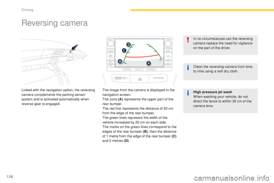 PEUGEOT 4008 2015  Owners Manual 126
4008_en_Chap04_conduite_ed01-2014
Reversing camera
Linked with the navigation option, the reversing 
camera complements the parking sensor 
system and is activated automatically when 
reverse gear