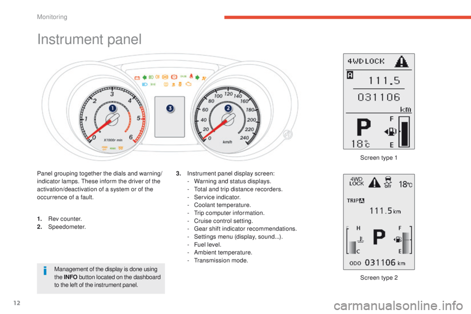 PEUGEOT 4008 2015  Owners Manual 12
Instrument panel
1. Rev counter.
2. Speedometer.
Screen type 2
3.
 I

nstrument panel display screen:
-
 W
 arning and status displays.
-   t
o
 tal and trip distance recorders.
-
 S
 ervice indica